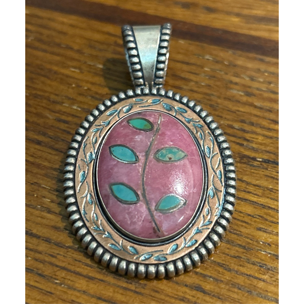Carolyn Pollack rhodonite turquoise inlay copper sterling silver pendant brooch